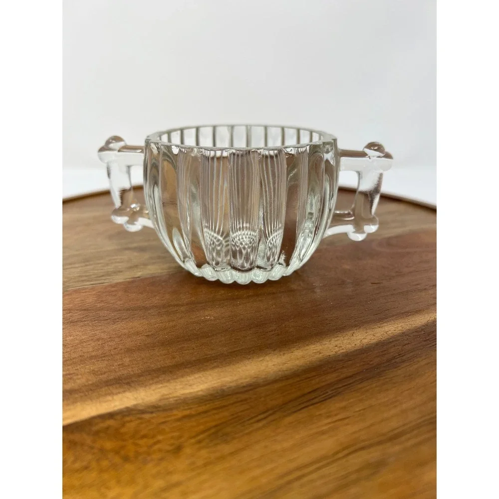 Vintage Clear‎ Glass Sugar Dish with Handles Ribbed Sides
